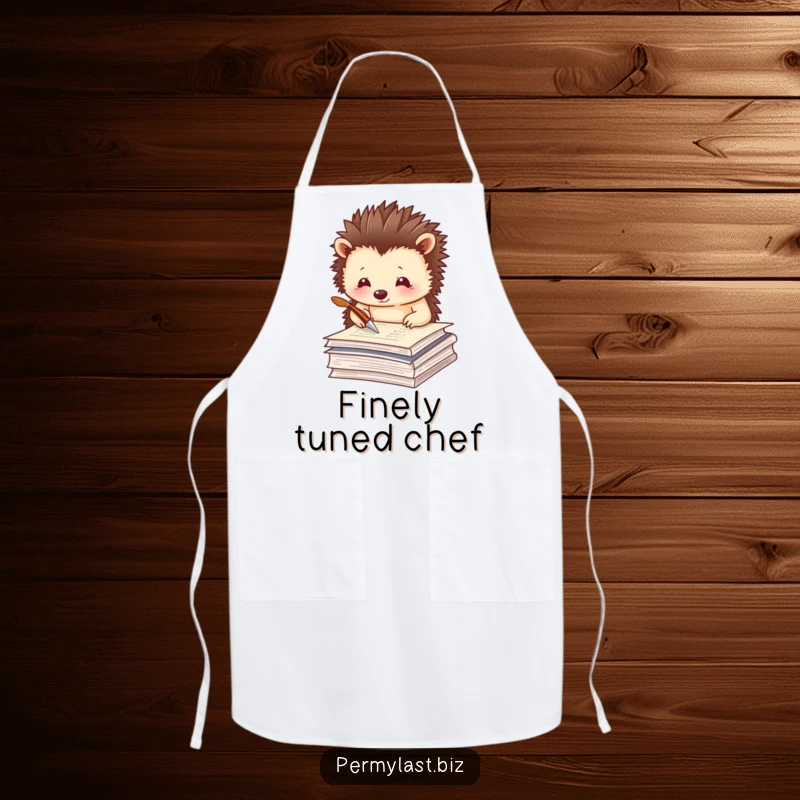 Funny chef hedgehog apron with a thoughtful hedgehog tapping a quill pen on papers, creative kitchen wear.