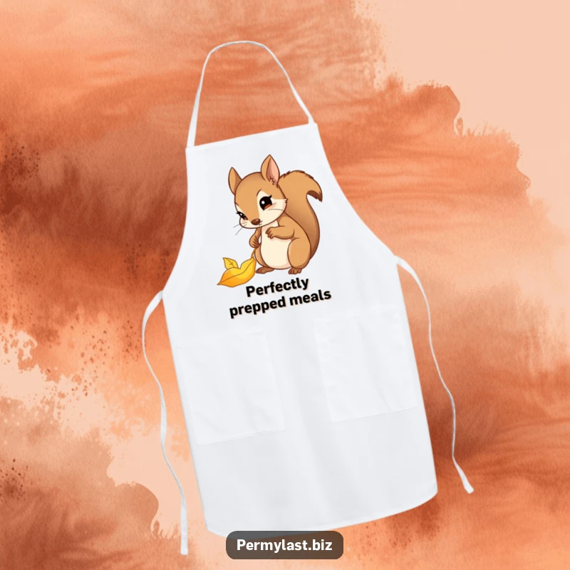 Funny chef squirrel apron with a determined squirrel filing a golden leaf, perfect for organized cooks.