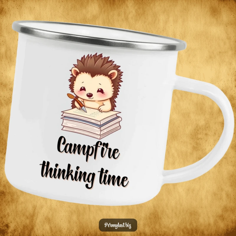 Funny hedgehog camping mug with a thoughtful hedgehog tapping a quill pen on papers, durable and portable.