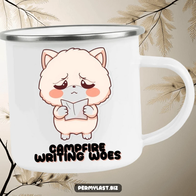 Funny camping mug with an exasperated fluffy character holding a tiny, crumpled paper, perfect for enjoying drinks outdoors with relatable humor.