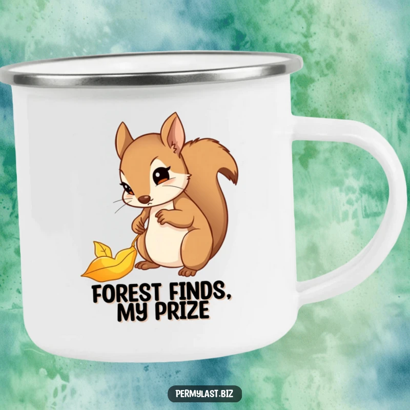 Funny squirrel camping mug with a determined squirrel filing a golden leaf, durable and portable.