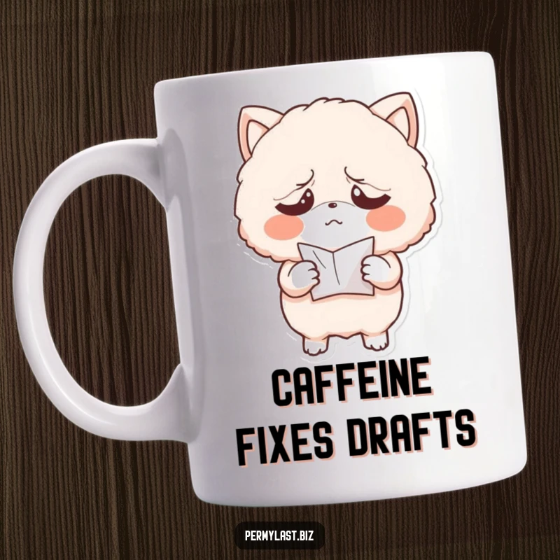 Funny mug featuring an exasperated fluffy character holding a tiny, crumpled piece of paper, conveying relatable frustration and humor.
