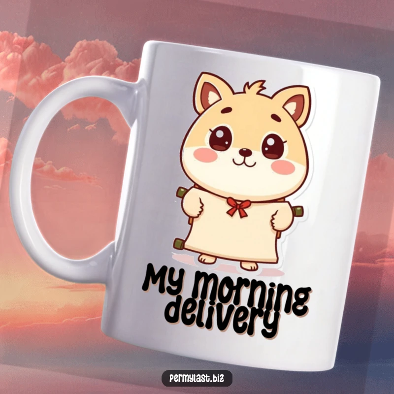 Funny round animal character mug, eyes wide, presenting a scroll with a polite wave, conveying a message with adorable enthusiasm.