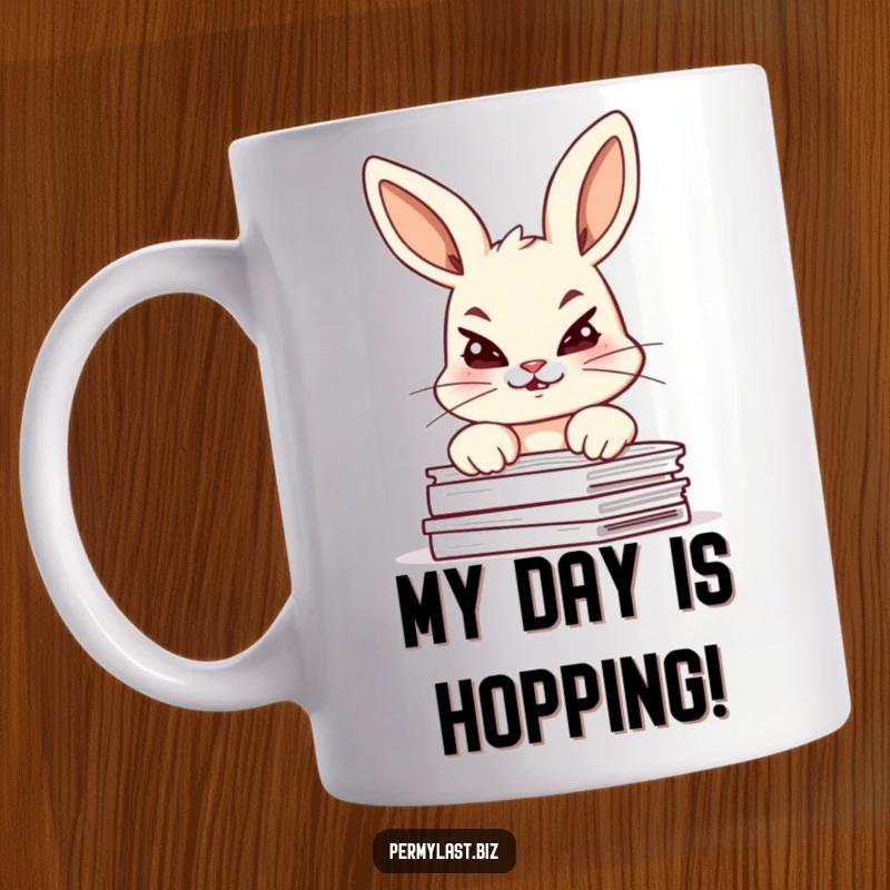 Funny bunny mug with a giggling bunny peering over documents, eyebrows raised, mischievous glint, office humor.