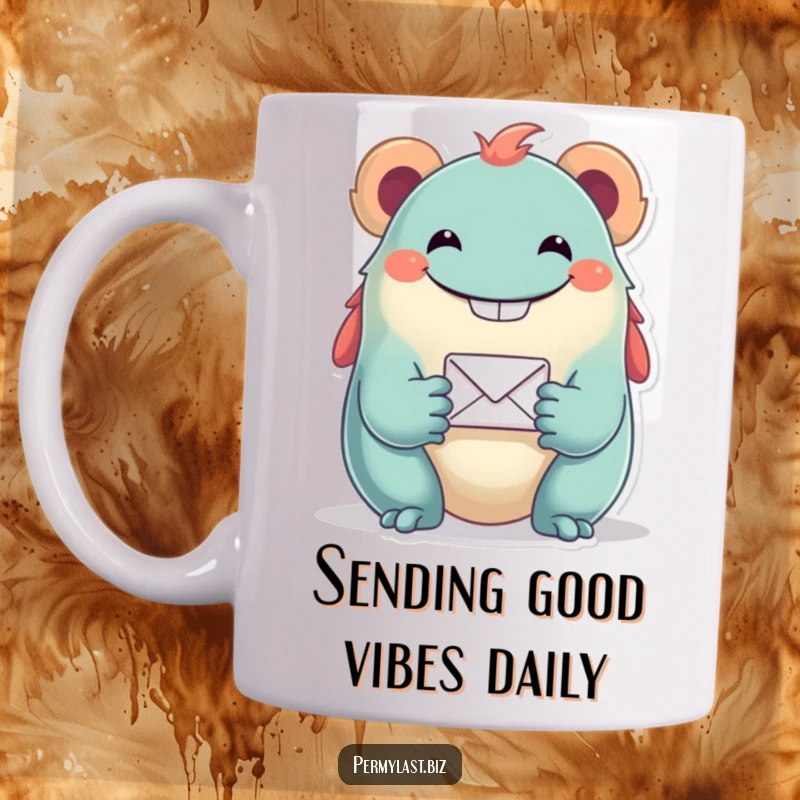 Funny mug with a grinning creature offering a tiny email icon, symbolizing sharing and connection in a humorous way.