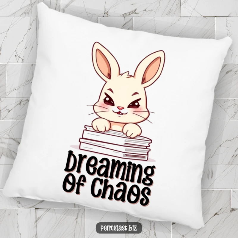 Funny bunny pillow featuring a giggling bunny peeking over documents with a mischievous glint, soft and plush.