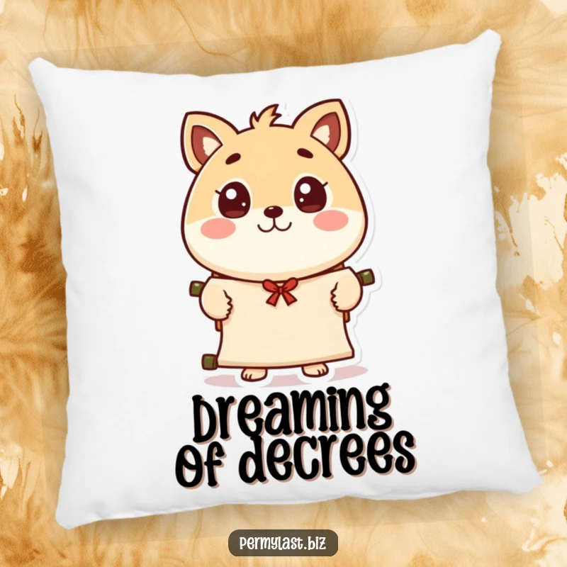 Funny round animal character pillow, eyes wide, presenting a scroll with a polite wave, a soft and decorative accent for ultimate comfort.