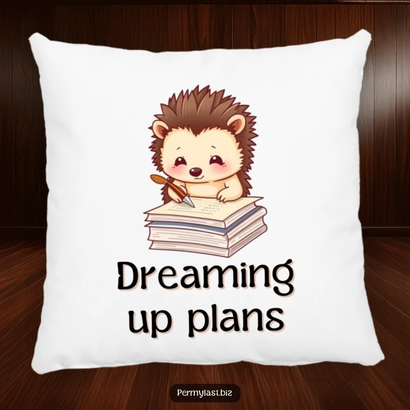 Funny hedgehog pillow featuring a thoughtful hedgehog tapping a quill on papers, soft and decorative.