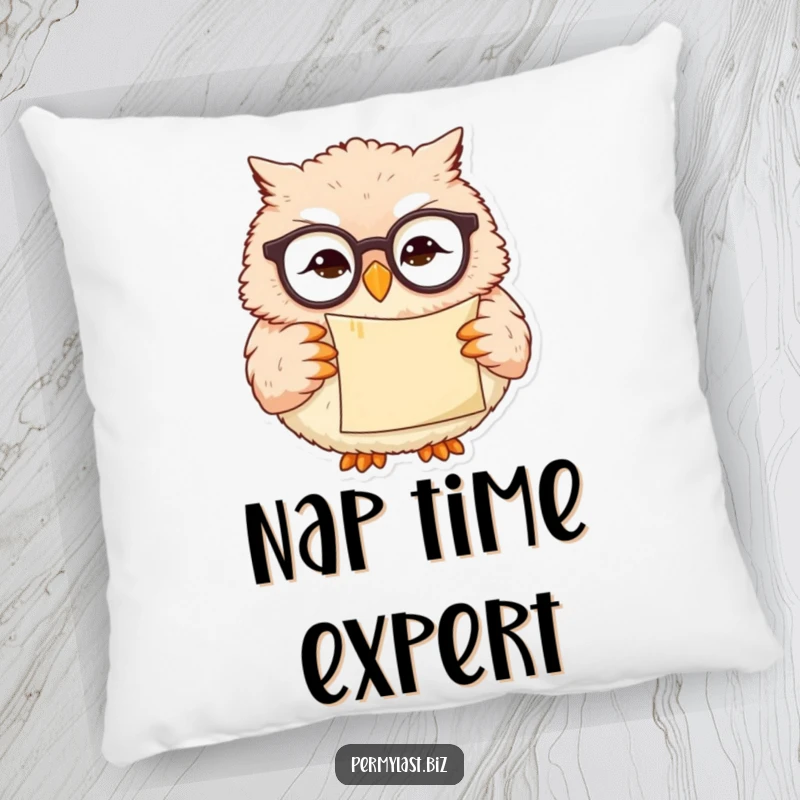 Funny owl pillow featuring a wise owl with glasses holding a scroll and a subtle smirk, decorative accent.