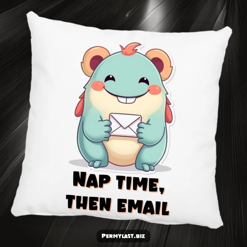 Funny pillow featuring a grinning creature holding a small email icon, offering a soft and humorous accent piece for relaxation.