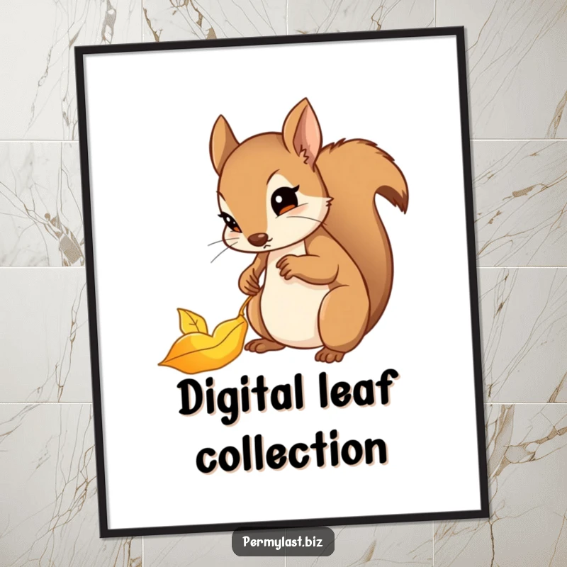 Funny squirrel digital art print of a determined squirrel carefully filing a shiny golden leaf.