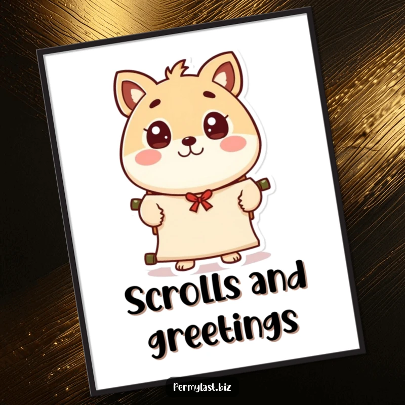 Funny round animal character digital art, eyes wide, presenting a scroll with a polite wave, downloadable art for instant whimsical decor.