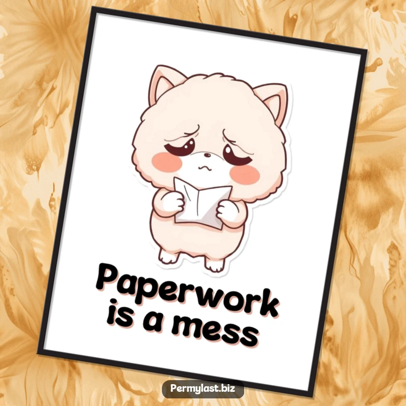 Funny digital art print of an exasperated fluffy character holding a tiny, crumpled piece of paper, perfect for adding relatable humor to wall decor.