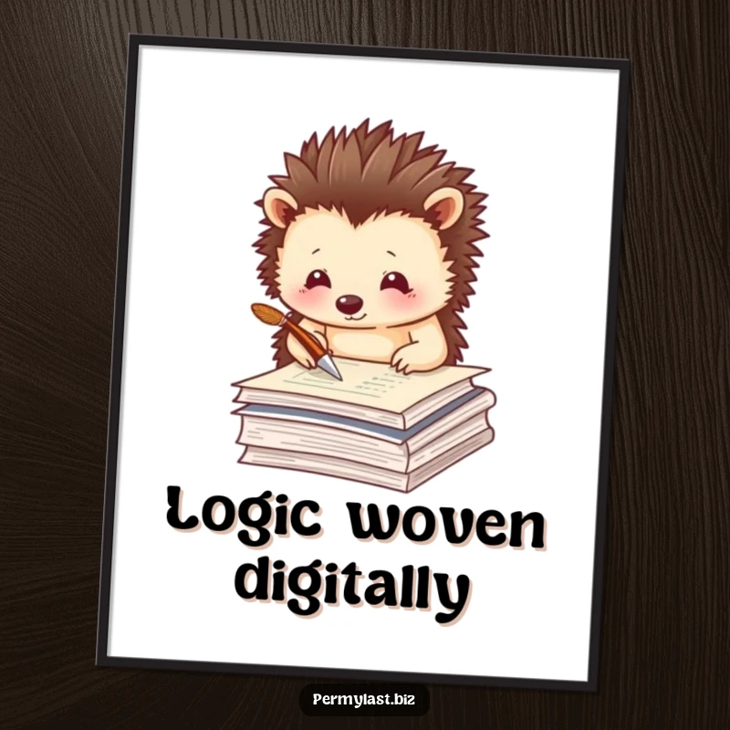 Funny hedgehog digital art print of a thoughtful hedgehog tapping a quill pen on a stack of papers.