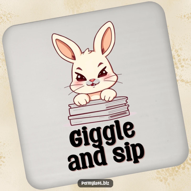 Funny bunny coaster featuring a giggling bunny peering over documents with a mischievous glint, protecting surfaces.