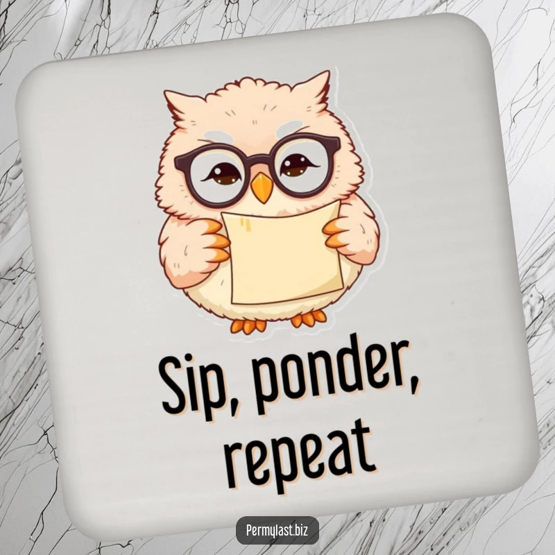 Funny owl coaster featuring a wise owl with glasses holding a scroll and a smirk, protecting surfaces.