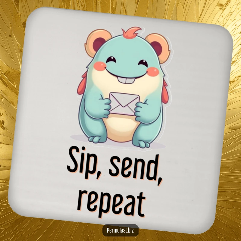 Funny drink coaster with a grinning creature holding a small email icon, protecting surfaces with a humorous tech-inspired design.