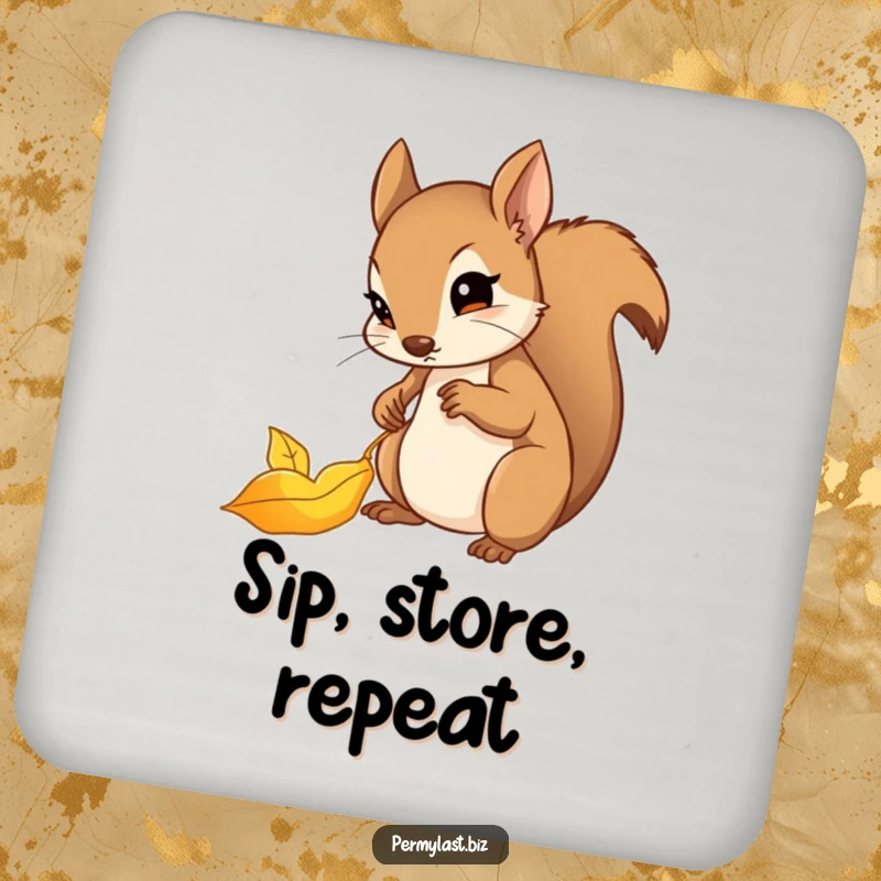 Funny squirrel coaster featuring a determined squirrel carefully filing a shiny golden leaf, protecting surfaces.
