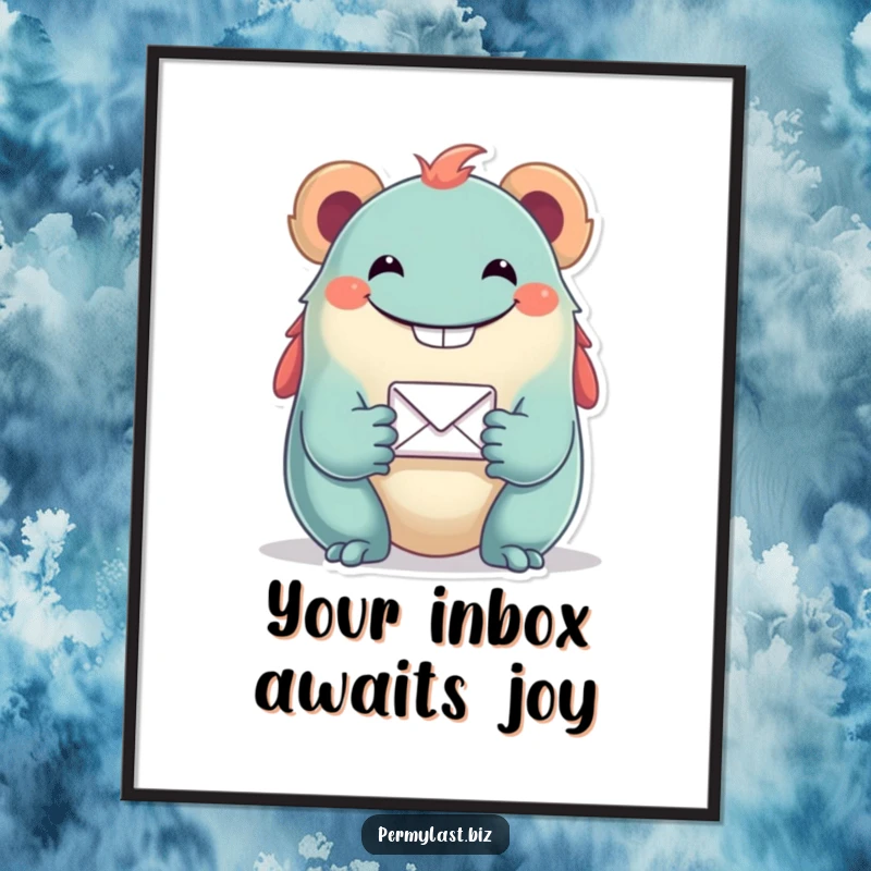 Funny poster of a grinning creature presenting a tiny email icon, ideal for adding a touch of humor and tech flair to any room.