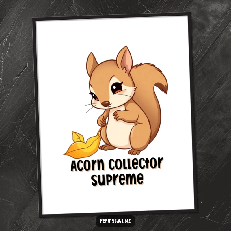 Funny squirrel poster of a determined squirrel carefully filing a shiny golden leaf, nature-themed wall art.