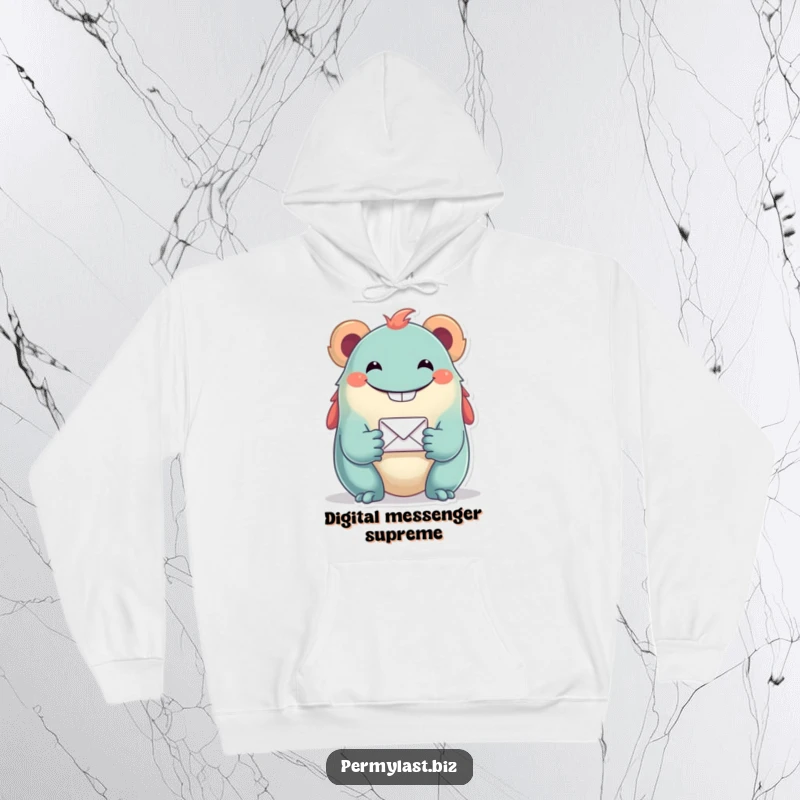Funny hoodie featuring a smiling creature extending a tiny email icon, conveying a warm and humorous message of digital sharing.