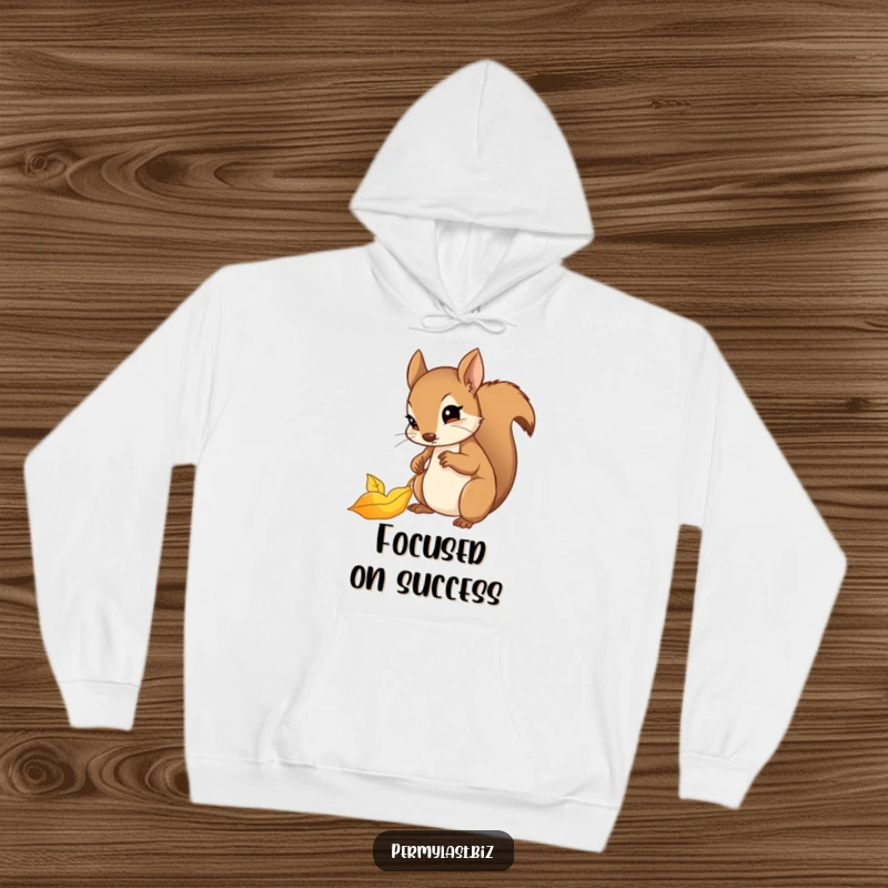 Funny squirrel hoodie featuring a determined squirrel filing a golden leaf, cozy and practical.