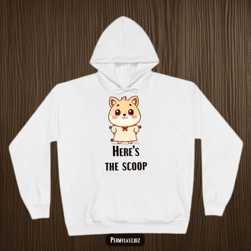 Funny round animal character hoodie, eyes wide, presenting a scroll with a polite wave, offering warmth and a hint of surprise.