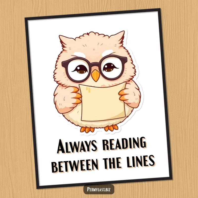 Funny Free Printable Wall Art of a wise owl with reading glasses, holding a scroll and smirking, perfect for humorous decor.
