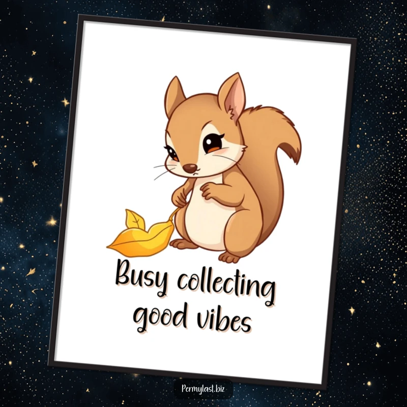 Funny Free Printable Wall Art of a determined squirrel carefully filing a shiny golden leaf, perfect for industrious decor.