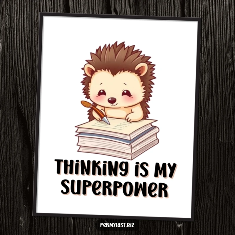 Funny Free Printable Wall Art of a thoughtful hedgehog tapping a quill on papers, perfect for a bookish and witty space.