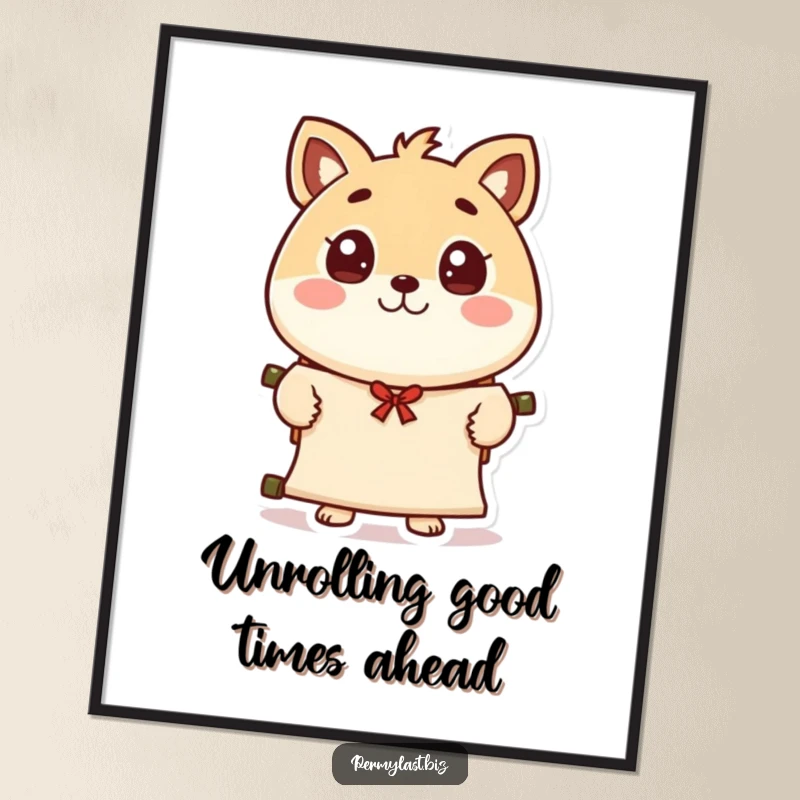 Funny Free Printable Wall Art: a round animal character with wide eyes presents a scroll with a polite wave, exuding charm.