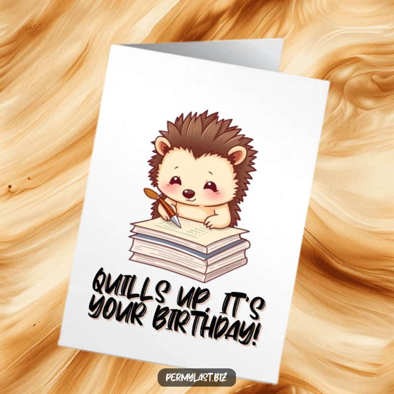 Funny Free Printable Birthday Card: A thoughtful hedgehog taps a quill on papers, ideal for a bookish birthday wish.