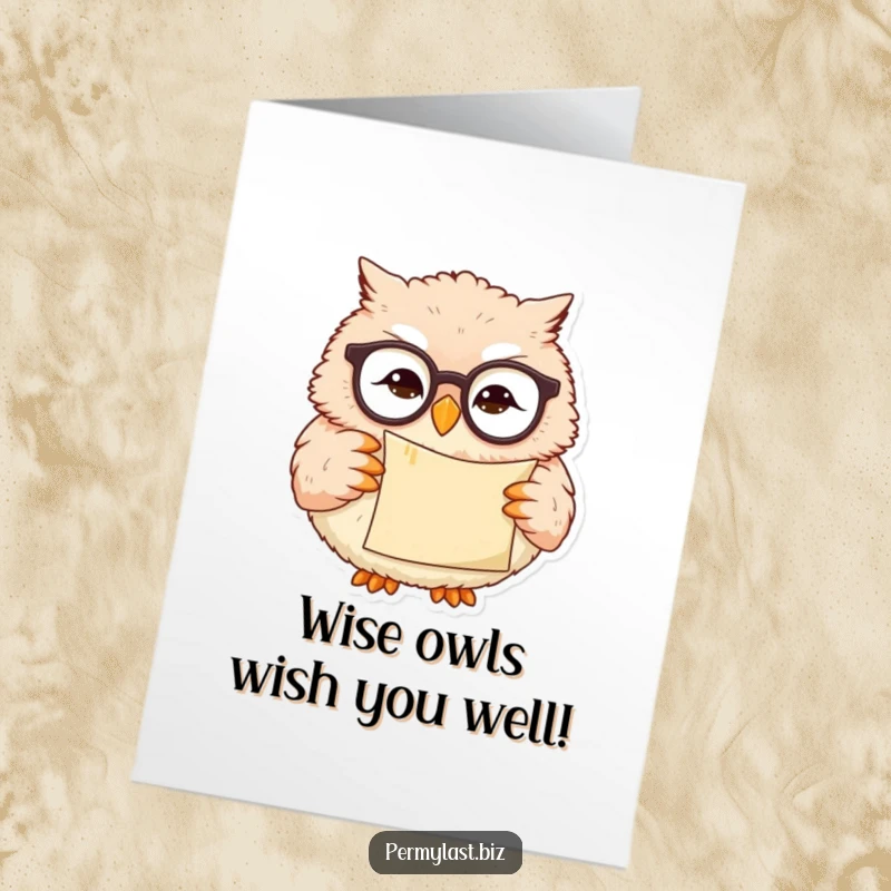 Funny Free Printable Birthday Card featuring a wise, smirking owl in reading glasses holding a scroll, ready to deliver laughs.