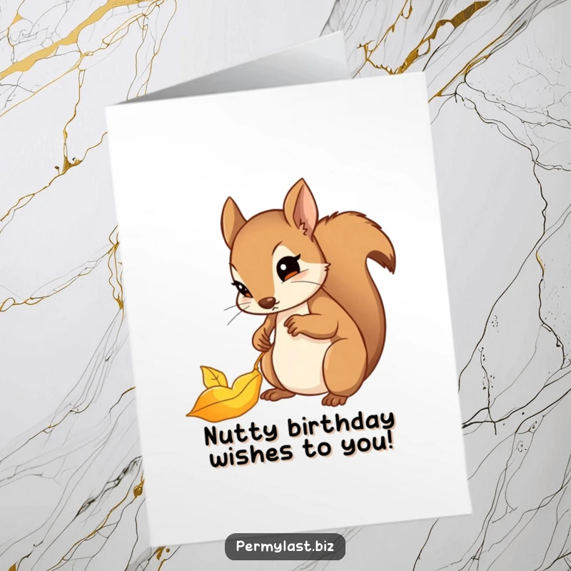 Funny Free Printable Birthday Card: A determined squirrel carefully files a shiny golden leaf, perfect for a unique birthday wish.