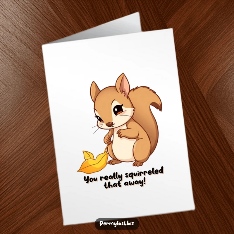 Funny Free Printable Congratulations Card: A determined squirrel files a shiny golden leaf, celebrating success with meticulous care.
