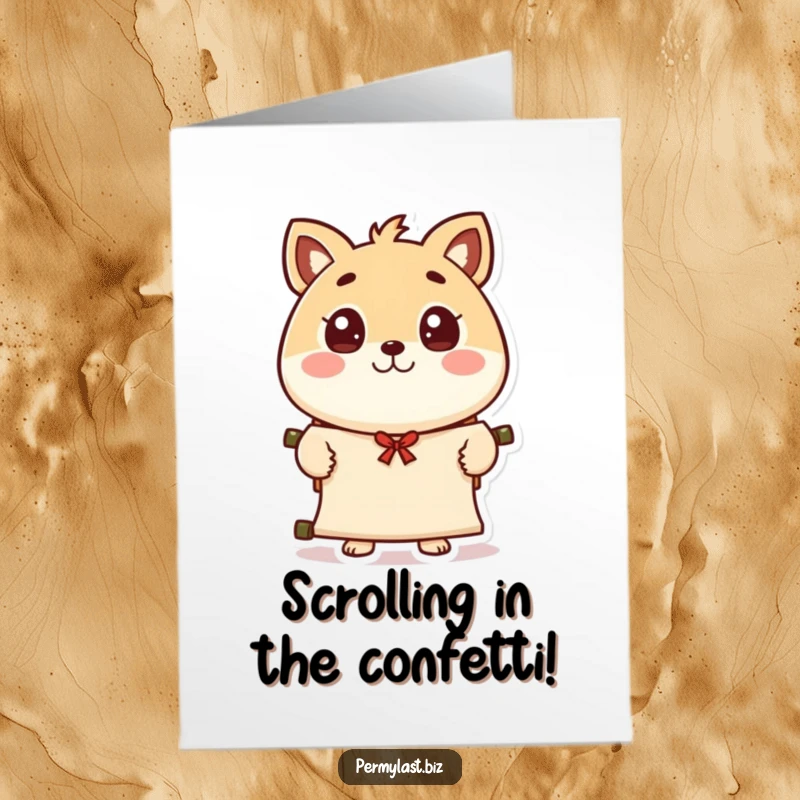 Funny Free Printable Congratulations Card: a wide-eyed round animal character politely waves, presenting a scroll of good news.