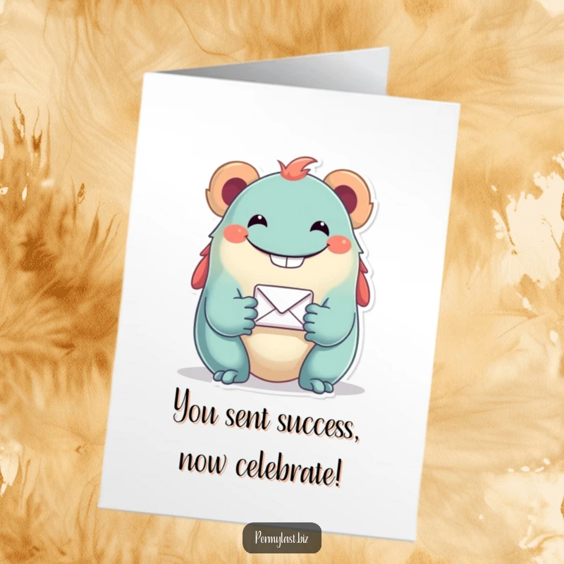Funny Free Printable Congratulations Card: Grinning creature extends a tiny email icon, celebrating achievements with humor.