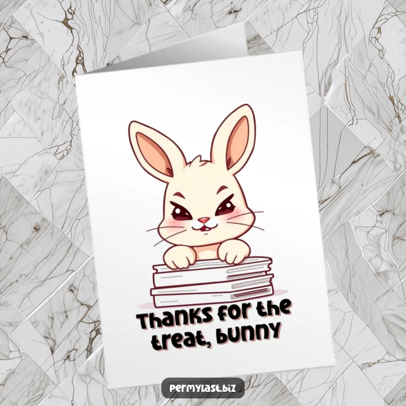 Funny Free Printable Thank You Card with a giggling bunny, eyebrows raised, looking mischievously over documents.