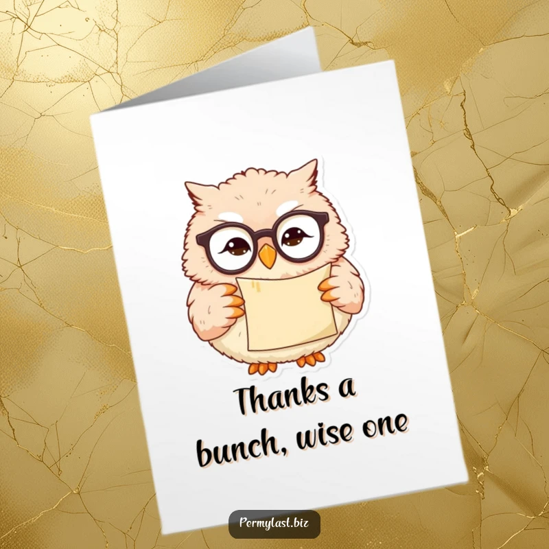 Funny Free Printable Thank You Card featuring a smirking owl in glasses, holding a scroll for a humorous note of thanks.