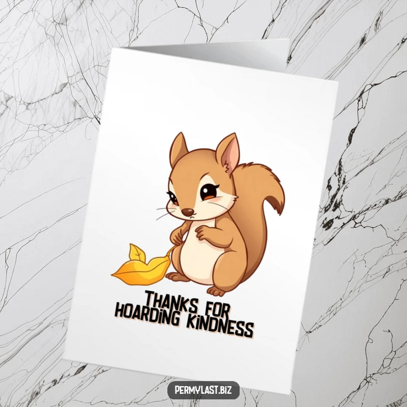 Funny Free Printable Thank You Card: A determined squirrel carefully files a shiny golden leaf, perfect for a detailed thank you.