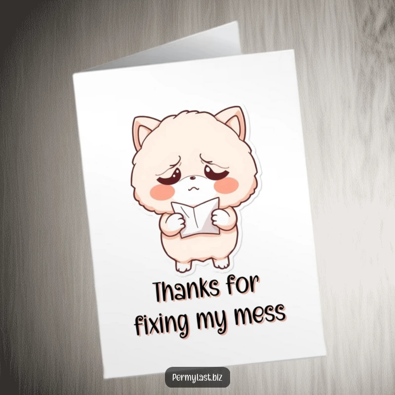 Funny Free Printable Thank You Card: Exasperated fluffy creature holds a tiny, crumpled paper, offering thanks with a sigh.