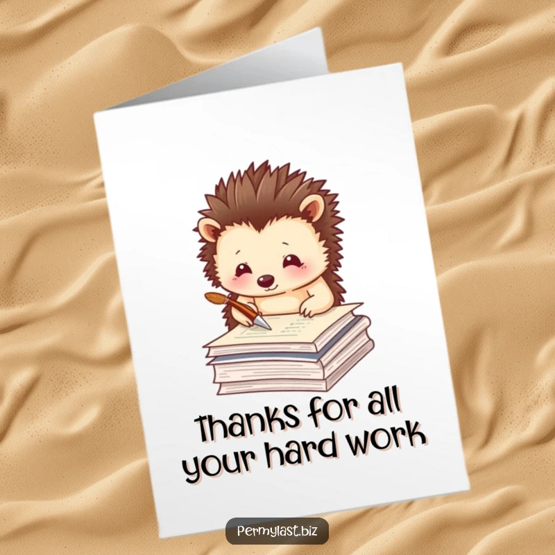 Funny Free Printable Thank You Card showing a thoughtful hedgehog with a quill, perfect for a smart and witty thank you.