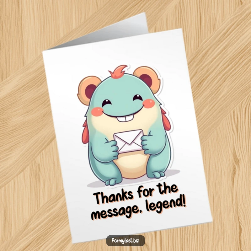 Funny Free Printable Thank You Card: Grinning creature offers a tiny email icon, expressing thanks with a quirky smile.