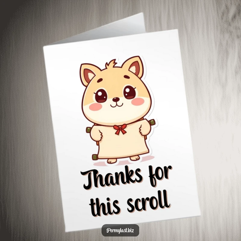 Funny Free Printable Thank You Card: a round animal character with wide eyes offers a scroll and a polite wave, full of gratitude.