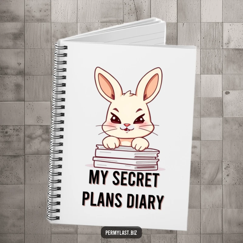 Funny bunny notebook with a giggling bunny peering over documents, mischievous design for note-taking.