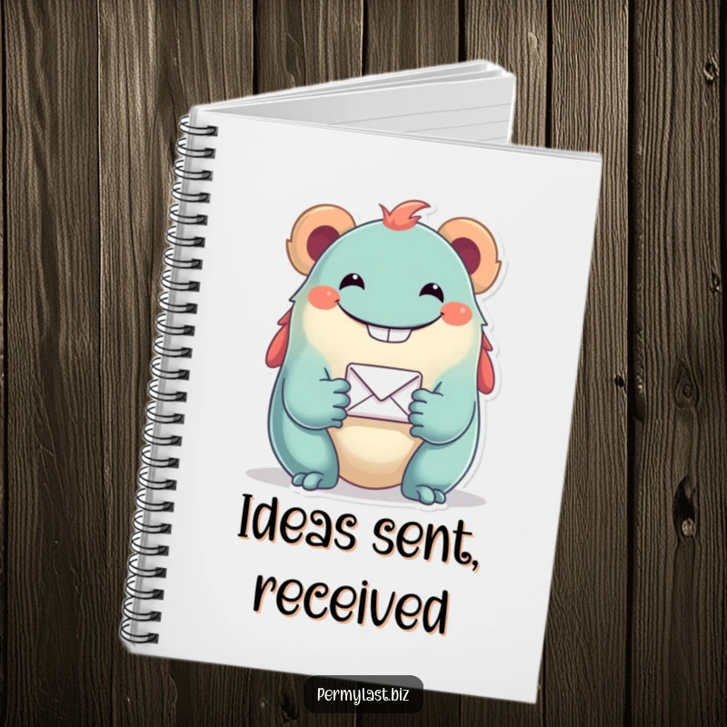 Funny notebook featuring a grinning creature holding a small email icon, designed for jotting down notes with a tech-inspired, humorous touch.
