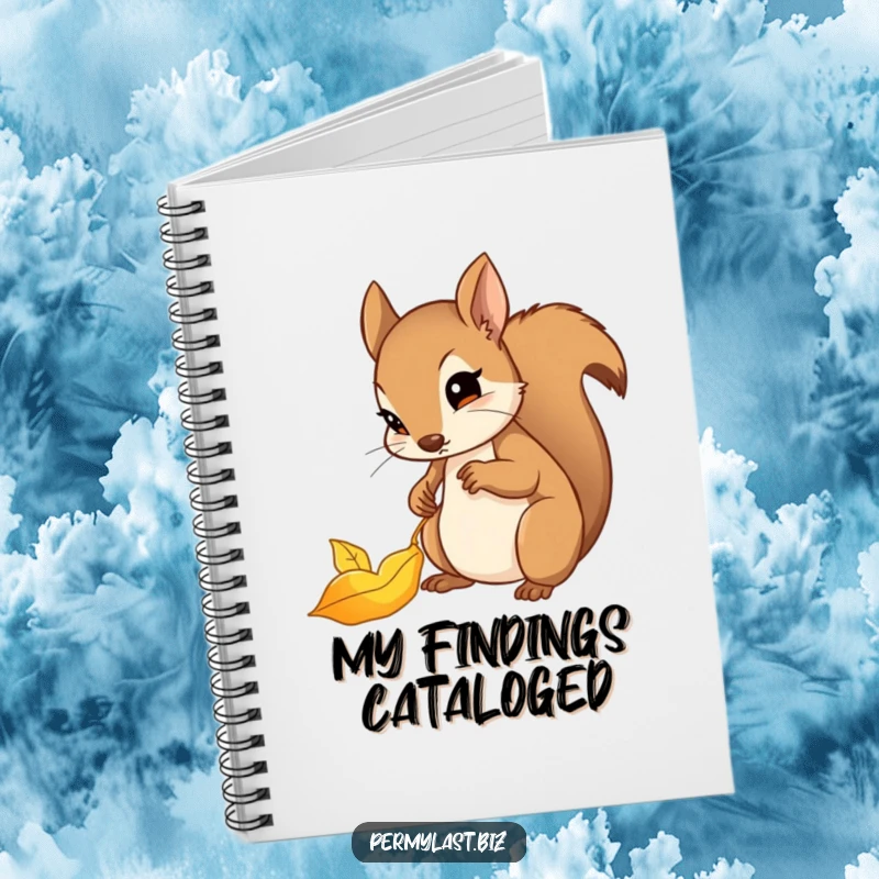 Funny squirrel notebook with a determined squirrel filing a shiny golden leaf, ideal for journals.