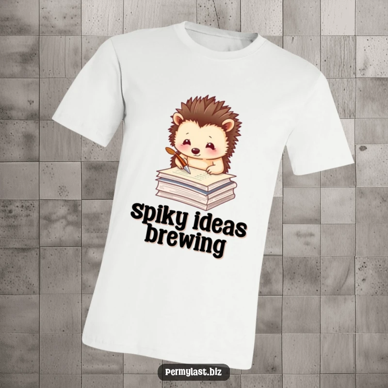 Funny hedgehog t-shirt showing a thoughtful hedgehog tapping a quill pen on papers, ideal gift for writers.