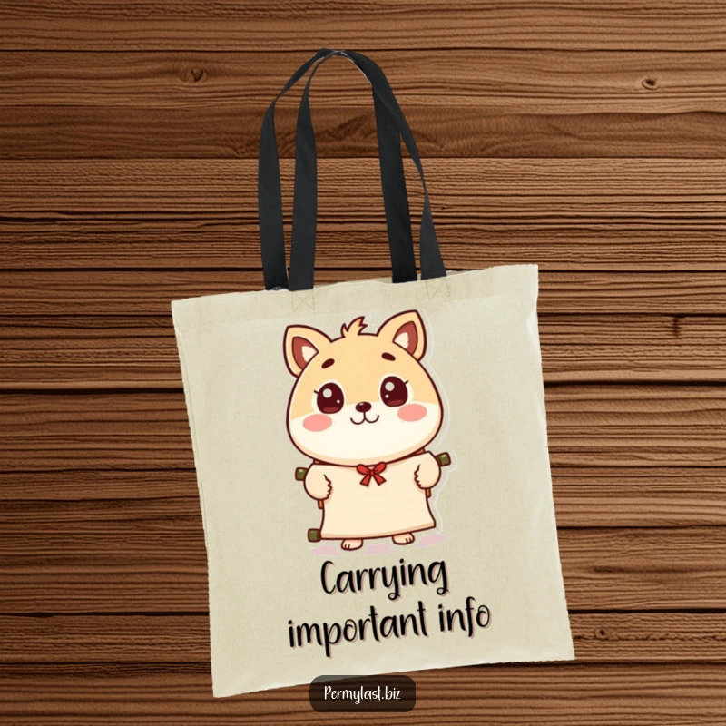 Funny round animal character tote bag, eyes wide, presenting a scroll with a polite wave, a cute and functional accessory for daily use.