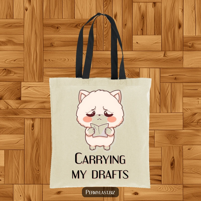 Funny tote bag featuring an exasperated fluffy character holding a small, crumpled paper, perfect for carrying essentials with a touch of humor.